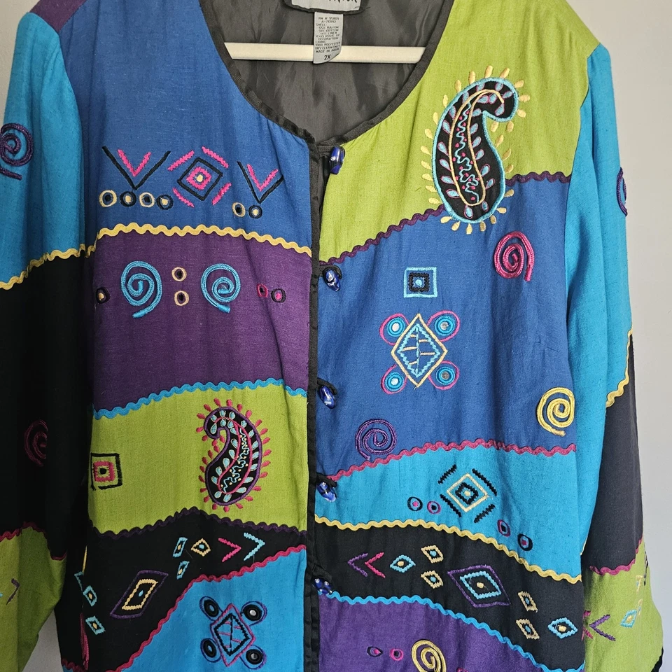 Chaqueta Indigo Moon para mujer 2X púrpura azul negro lima colorida artística bordada Foto 2 de 4
