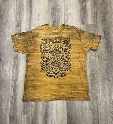 Affliction Mustard Yellow Gothic Cross Tribal Graphic T Shirt Men s Size 3XL Y2K