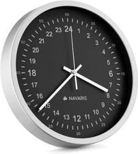 Navaris 24 Hour Wall Clock - 11.8" Analog Military Time Silver / Black 