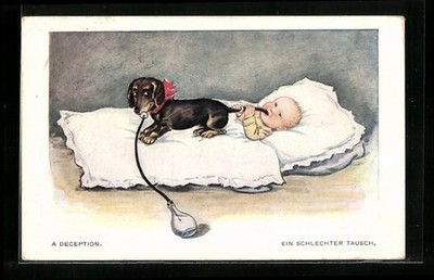 Baby nuckelt am Schwanz eines Dackels, Ansichtskarte 1913 