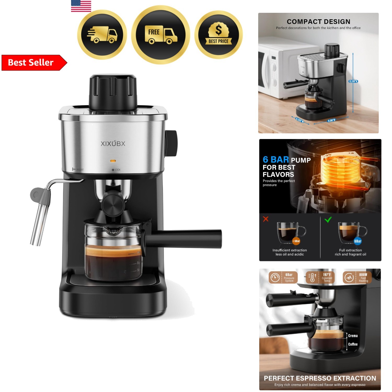 Espresso Coffee Machine 6 Bar 800W Compact Milk Frother Capp