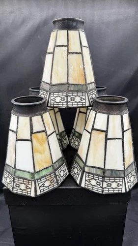 Vintage Set Of 5 Mission Tiffany Style Stained Glass 5” Lamp Ceiling Fan Shades