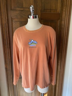 Vtg Life Is Good Go Places Graphic Tee Orange Women's XL Cotton Long Sleeve