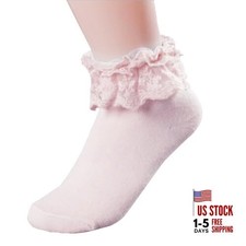Lace Ruffle Frilly Ankle Socks for Women - Pink Cotton Ruffled Top Opaque
