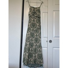 Womens Maxi Dress Green Damask Print Smocked Bodice Tie Waist Long
