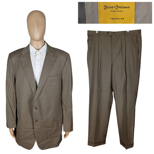 Hickey Freeman New York Traveler Bespoke 2 Piece Olive Brown Wool Suit 46L 38X33 - Picture 1 of 15