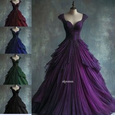 Gothic Wedding Dresses Beaded Ruched Lace Tiered Tulle A Line V Neck Bridal Gown