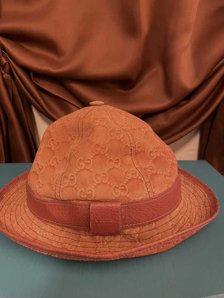 Sombrero Cubo Vintage Gucci GG Rosa Antico 100% Algodón y Cuero -Talla M Foto 2 de 4