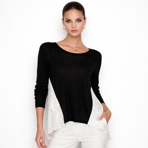 Sandro, NWT Sandro Paris Top Black White Linen Blend Lace Trim Burnout Sz 2 Medium