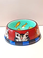 Catzilla 2000 Candace Reiter Designs Ceramic Cat Food Water Bowl Teal with Fish