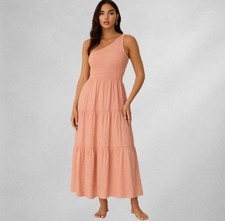 Entro One Shoulder Smocked Maxi Dress M Apricot