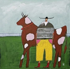 Painting Original Cowboy Cow Portrait Canvas Outsider Whimsical 10x10 Art 