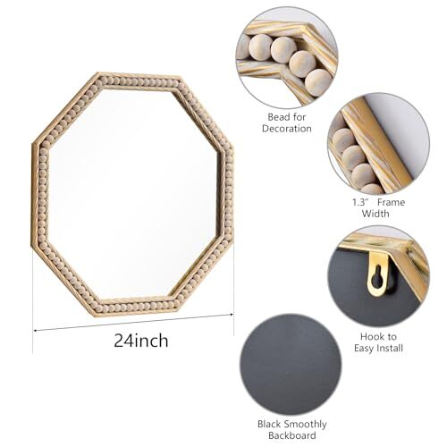 Octagon Bathroom Mirror 24x24 Metal Frame with Bead Mirror Gold Wall Mounted - Picture 3 of 8
