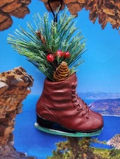 Burgundy  Resin Retro Ice Skate Christmas  Ornament greenery pine cones