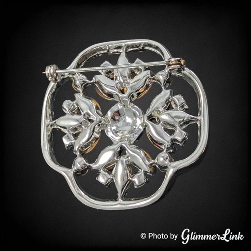 Vintage Pink Rhinestone Flower Rhodium Plated Brooch Pin - Picture 5 of 5