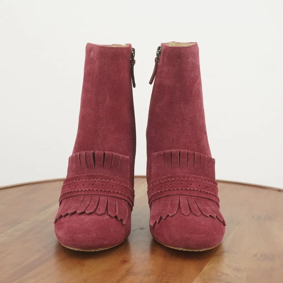 Botas al tobillo Etienne Aigner para mujer Marina con flecos y tacón talla 7 M gamuza roja vino Foto 3 de 4