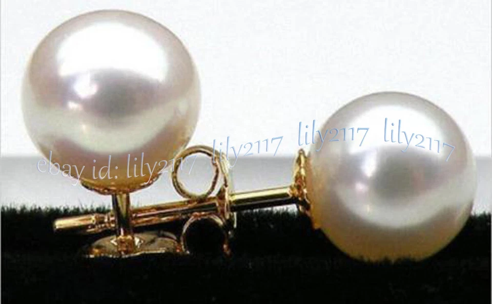 PERFECT AAA++ GENUINE NATURAL WHITE ROUND PEARL STUD EARRINGS 14K YELLOW GOLD - Image 4 of 4