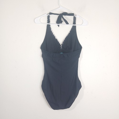 Assets by Spanx Pinup Halter Swimsuit Sz L Tummy Control Black Zebra Ruched - Picture 8 of 9
