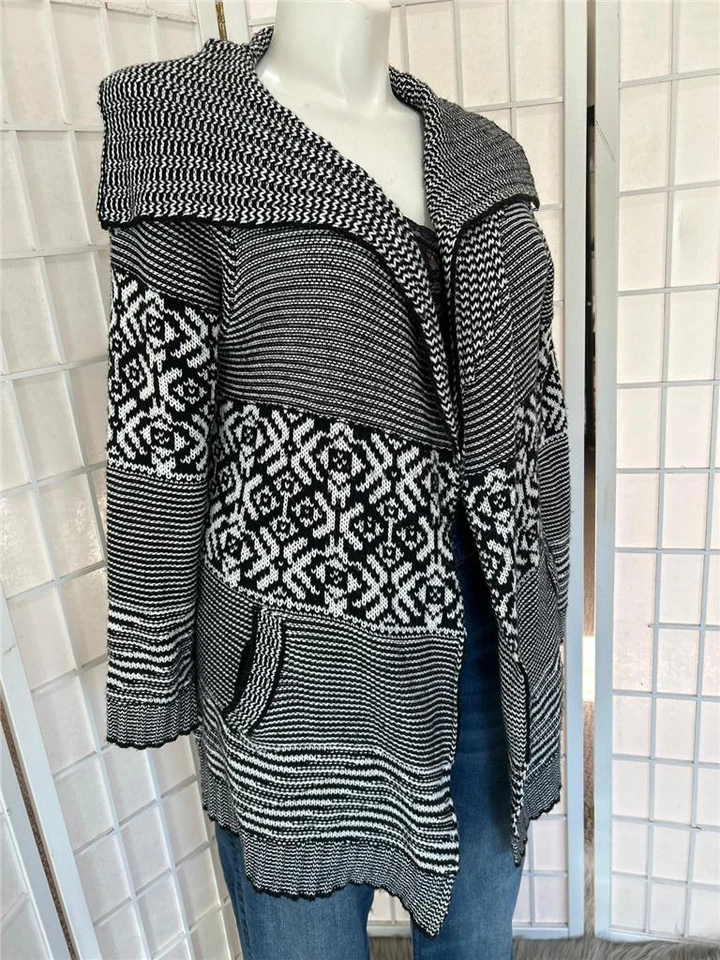 Cárdigan abierto para mujer Carol Rose XL negro/blanco a rayas tejido suave Foto 2 de 4
