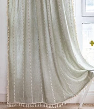52x84 SAGE GREEN LINEN EMBROIDERED TASSEL CURTAIN PANELS French Country M35