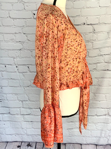 Zury Mezcla Seda Cachemira Corbata Cintura Abierta Coral Envoltura Top Volantes Crochet Talla Libre - Imagen 8 de 16