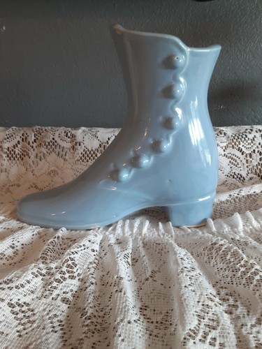 Vintage Ceramic Light Blue Victorian High Top Boot Miniature Vase. Accent Piece - Picture 2 of 4