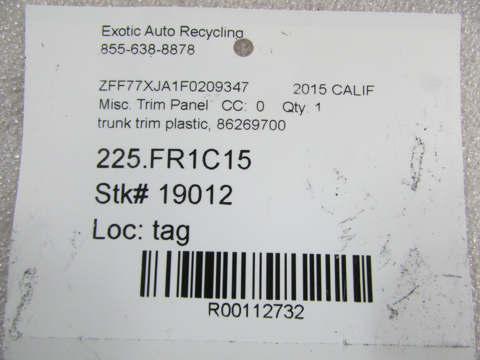 Ferrari California T, LH, Lateral Trunk Trim Plastic, Used, P/N 86269700