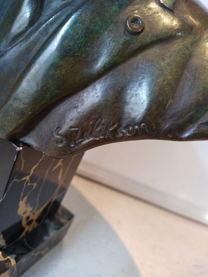 Buste en Bronze Brun-vert de Serge Zelikson (1890-1966) Socle en Marbre, Signé. - Photo 3/4