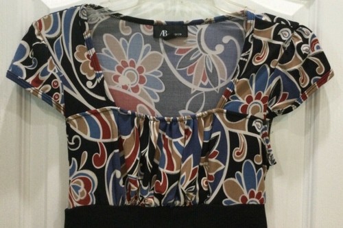 AB Studio Womens Pullover Blouse Size Small Blue Beige Multi Empire Waist Y3 - Picture 2 of 7