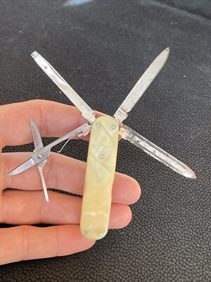 VTG S SALM Solingen Germany Celluloid Faux MOP Pocket Knife Scissors File 4 Way