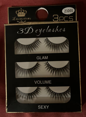 Luxurious 3D Long False Eyelashes ''Glam - Volume - Sexy'' 3pcs Makeup NIB