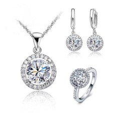 Trendy 925 Sterling Silver Necklace Earrings Rings Bridal Gift Women Jewelry Set