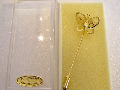 CMA Inc New in Box Lovely Yellow Gold Plated BUTTERLY STICK PIN Lapel Pin 2.5'' L