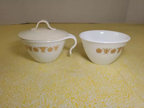 Vintage Corelle Butterfly Gold Hook Creamer & Sugar Bowl Set w/ Plastic Lid
