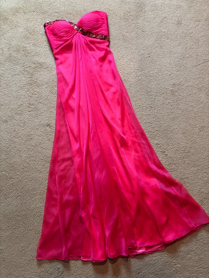 La Femme Coral Pink Red Strapless Pageant Evening Gown Maxi Dress Formal Prom 2 - Image 2 of 4