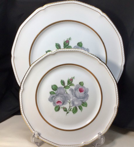 Royal Tettau Germany 2 Dinner Plates 2 Dessert Plates White Roses Gold Rim EUC - Picture 2 of 10