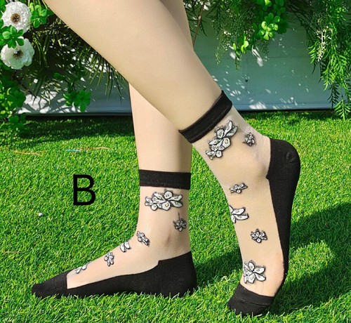 Women Lady Transparent Thin Roses Flowers Lace Crystal Silk Summer Short Socks - Picture 26 of 44