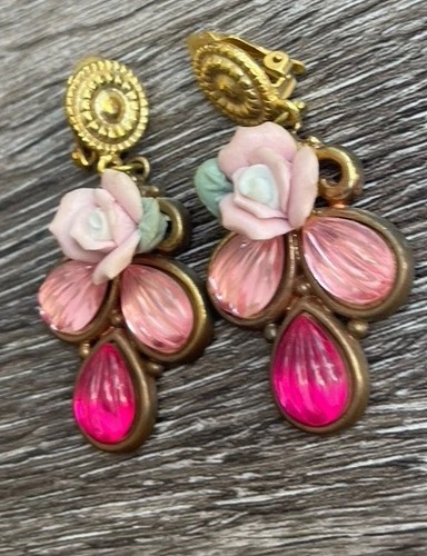 Orecchini donna vintage tono oro rosa pendenti porcellana fiori clip anni '50 - Foto 4 di 13