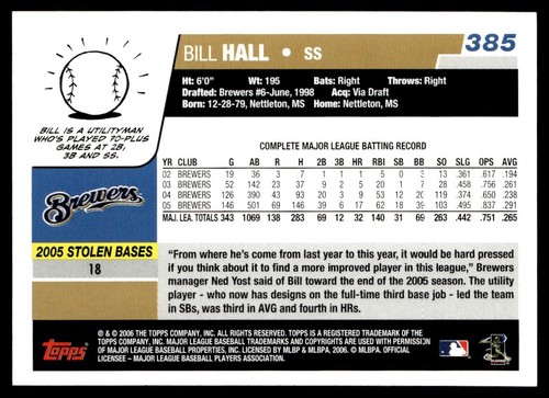 2006 Topps Bill Hall Milwaukee Brewers #385 - Picture 2 of 2