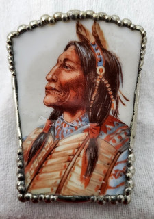 VTG Broken China Jewelry Pendant SILVERTONE APACHE AMERICAN INDIAN SIGNED/RARE!