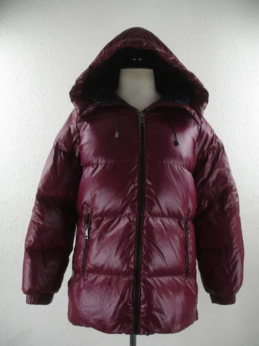 Giacca parka donna M Michael Kors Shine Ciré nylon puffer cappotto bordeaux con cappuccio