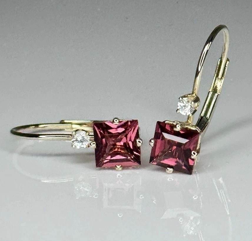 Pendientes de Colección Oro Amarillo 14K Palanca Trasera Rodolita Granate y Zafiro Blanco 1.48g Foto 3 de 4