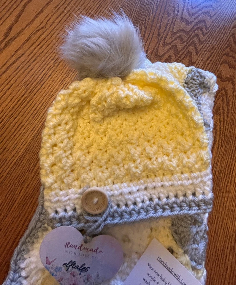 yellow & gray farmhouse  handmade crochet  Baby  blanket & hat set  - Image 2 of 4