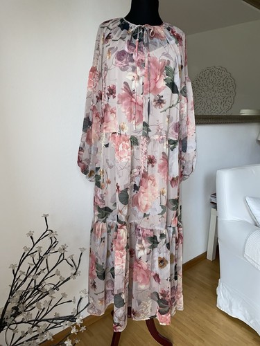 H&M Kleid Maxikleid mit Unterkleid Chiffon Blumen Rüschen Boho Gr S M wie Neu - Bild 6 von 10