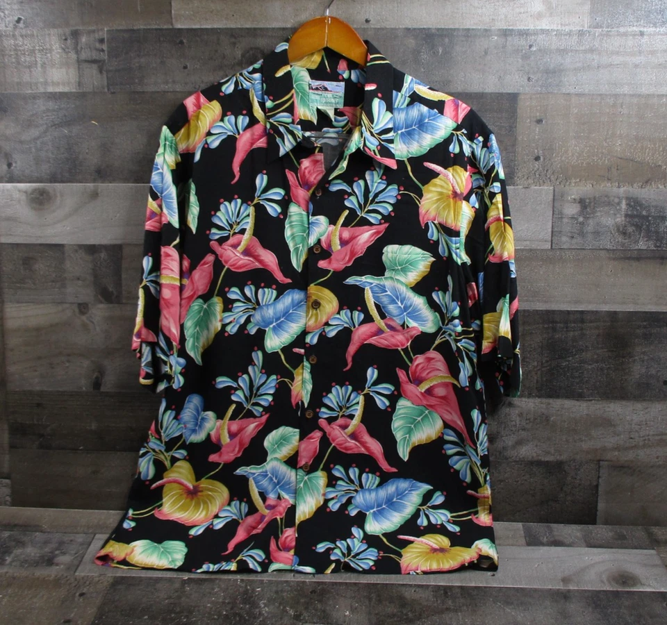 Reyn Spooner Shirt Mens Large Black Rayon Floral Neon Tropical Hawaiian Button - Image 2 of 4