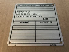 Vintage B.F. GOODRICH Tire Co Aluminum Metal Sign Tag TOOL RECORD Akron OH #23