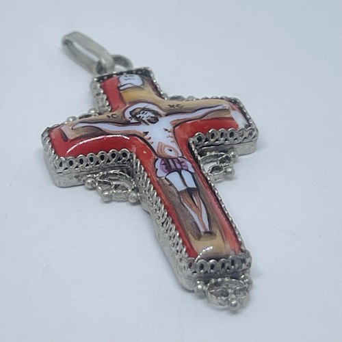Vintage Russian Save and Protect Finift Hand Painted Enamel Crucifix 925 Silver - Picture 2 of 9
