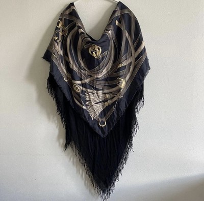 GUCCI Dreieckstuch Tuch 3-lagig Seide Kaschmir Modal Monogramm Schwarz Italy