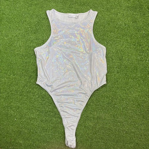 ASOS Women’s Size 8 Holographic Rave Festival Bodysuit Silver Rainbow One-Piece