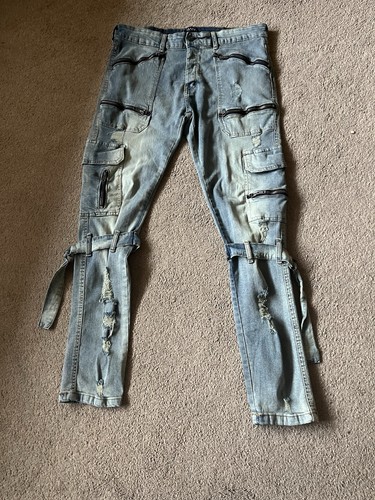 BoohooMAN Utility Cargo Jeans 34R Multi Zip Distressed Streetwear